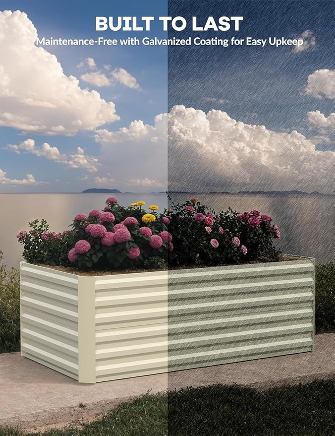 CABIHOME 2Pcs-Steel Raised Garden Bed 95 W Metal Deep Root Planter Box for Vegetables Flowers HerbsLarge Oval Garden Planting BedEasy Assembly Beige
