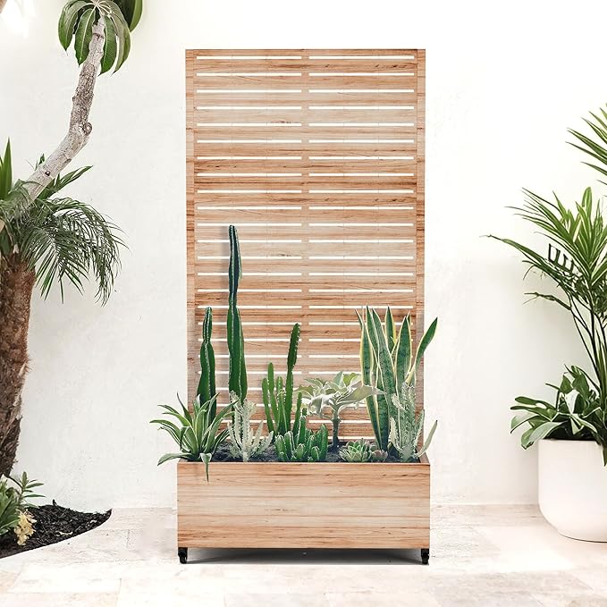 Metal Planter Box with Trellis for Patio Large Raised Garden Beds with Trellis Privacy Planter Box with Wheels Drainage Holes for Climbing Plants (35 L Square White Wood Grain)