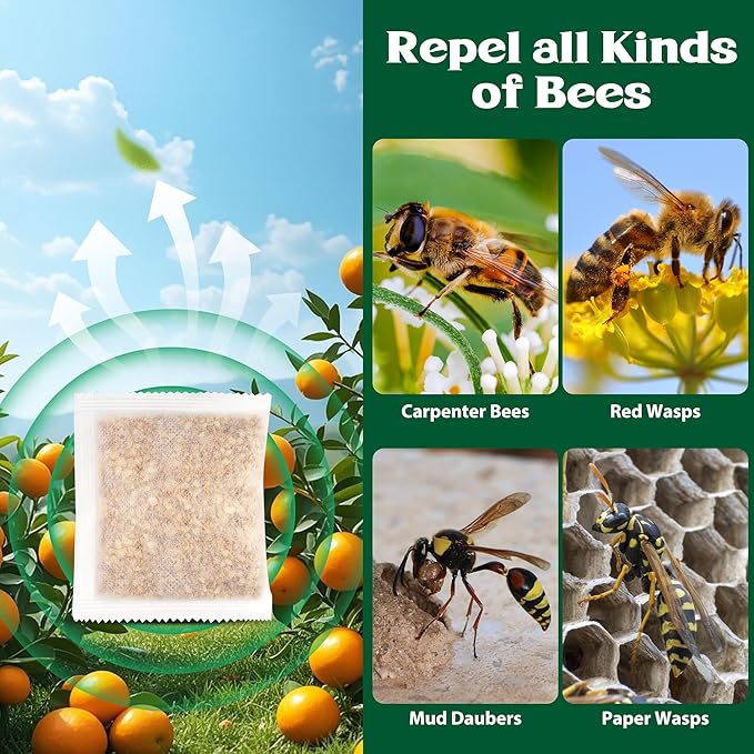 Bee and Wasp Repellent Pouches Natural Peppermint Oil Wasp Repellent for Indoor Outdoor Home Kitchen Bee Bug Deterrent Trap Poisoning Repels Yellow Jacket Hornet Safe for Pet Kids (24 Pack)
