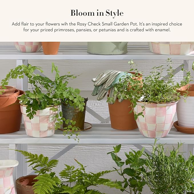 MACKENZIE-CHILDS Enamel Garden Pot Decorative Pot for Plants Outdoor Flowerpot Decor Small Pink-and-White Rosy Check