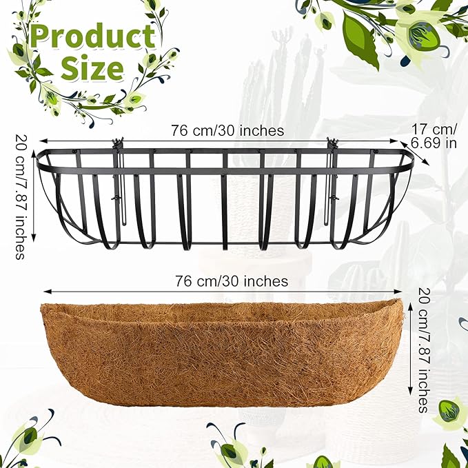 Tessco for you 4 Pieces Railing Planter Boxes 30 Inches Window Box Planters with Coco Liner and Adjustable Brackets for Deck Porch Fence Patio Balcony Gardening Outdoor Plants