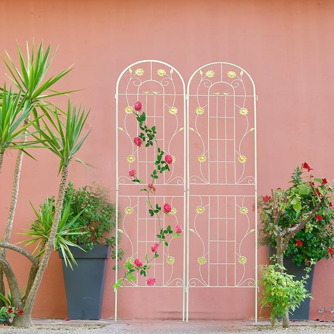 2 Pack 86.7 H Metal Garden Trellis for Climbing Plants Rustproof Decorative Outdoor Lattice Fence for Roses Vines Flowers Veggies - White
