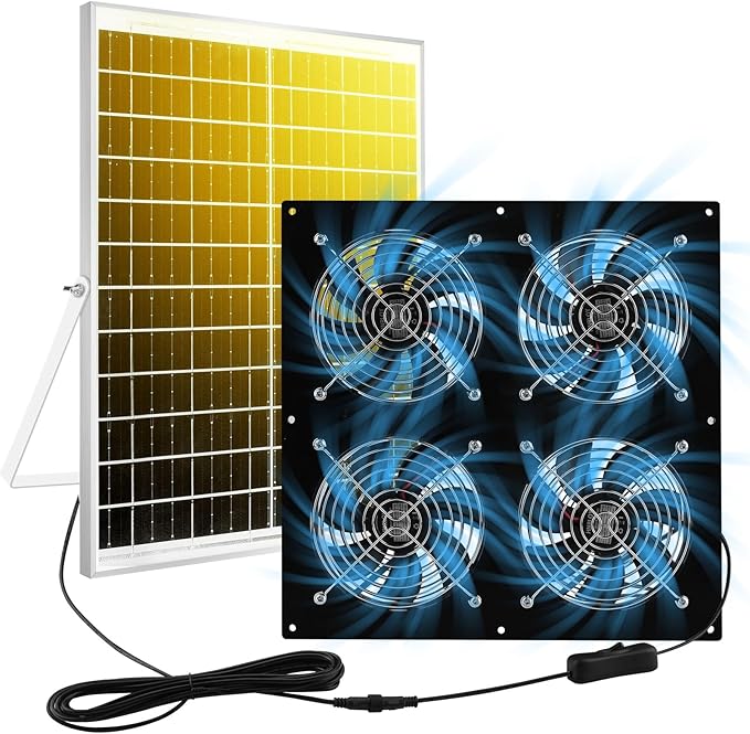 Solar Exhaust Fan for Chicken Coop &amp Powered Fan with 25W Solar Panel &amp 4-Pack High-Speed Brushless DC Fans Solar Shed Ventilation Fan for GreenhousesAttics Barns &amp Dog Houses