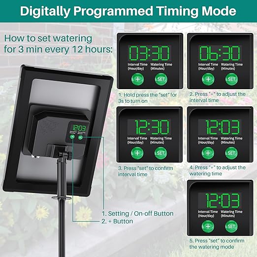 Biling 4W Solar Drip Irrigation System with Digital Programmable Smart Watering 2200mAh Battery Backup for 15 Potted Plants Outdoor Indoor Garden