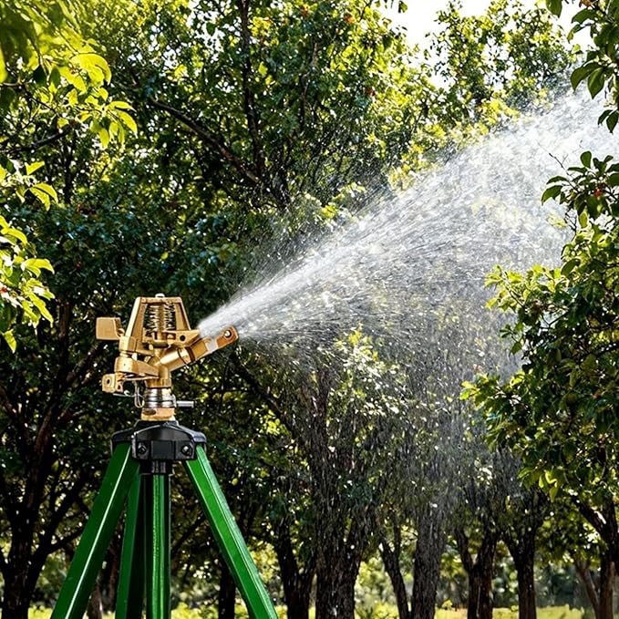 2 Pack Impact Sprinkler on Tripod Base 360° Adjustable Brass Sprinkler Head with Stakes Heavy Duty Metal Tripod Lawn Sprinkler for Large Area Lawn Yard &amp Garden Irrigation