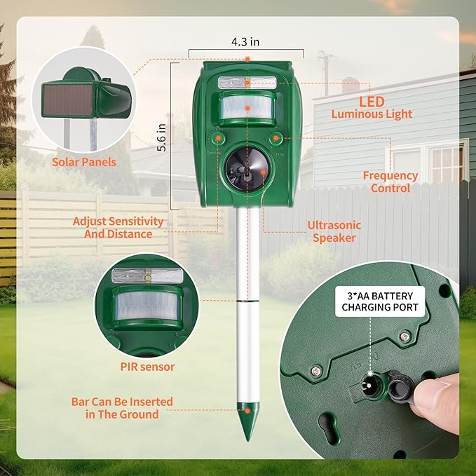 Upgraded Solar Ultrasonic Squirrel Deer Repellent Devices Motion Detection 5 Adjustable Modes Cat Raccoon Rabbit Dog Deterrent Animal Repellent with Waterproof for Yard 1P Olive