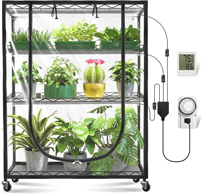JESLED Indoor Greenhouse with Grow Light 3FT Full Spectrum 5000K LED Light for Seed Starting Tiered Lighting Control Built-in Timer &amp Thermo-Hygrometer Rolling Metal Plant Stand (35.4x13.8x59I