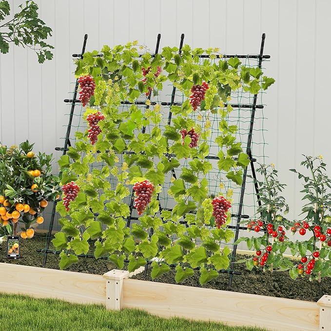 Giantex Cucumber Trellis Trellis for Climbing Plants Outdoor Garden Trellis w/Netting PE-Coated Metal Clips Plant Support for Flower Vine Grape Vegetable Fruit Adjustable Shape 31x 26x74