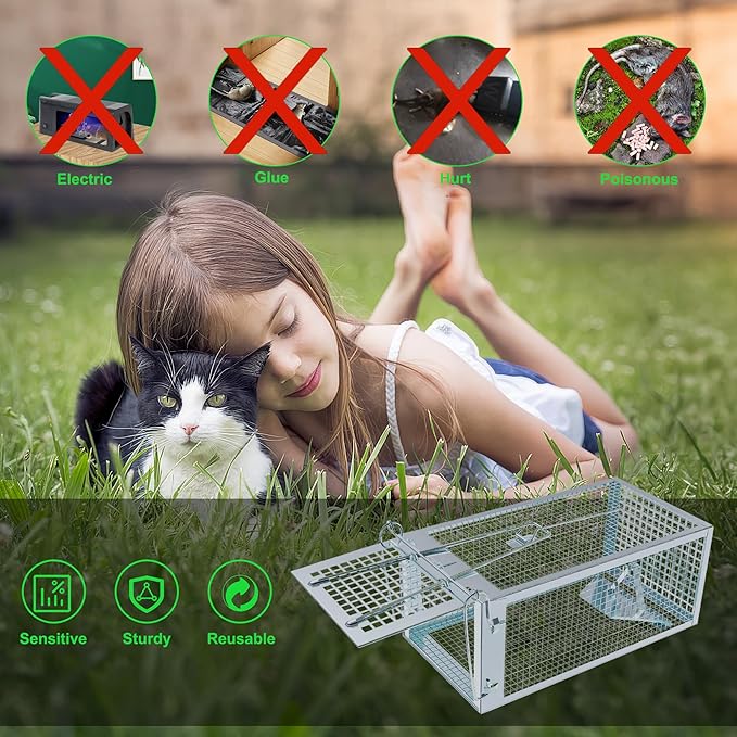 Humane Rat Traps 2-Pack No Kill Small Animal Cage Trap Live Mouse Trap Cage Catch and Release Trampa para Ratones Chipmunk Rodent Trap that Work for Indoor and Outdoor - 10.6 L x 5.5 W x 4.7 H