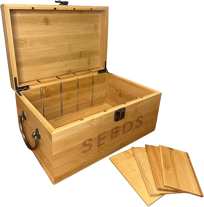 Bamboo Garden Seed Storage Organizer Box Wooden Seed Box with Removable Dividers Metal Handle and Latch Seed Keeper Organizer for Garden Seed Packets and Storage (10.59 x 7 x 5.12 in)