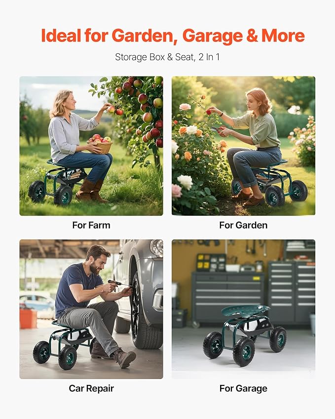 VEVOR Rolling Garden Cart with Swivel Seat Heavy Duty Garden Seat with Storage Basket &amp Tool Tray 300 lbs Weight Capacity Outdoor Utility Gardening Stool Scooter for Lawn Yard Planting Weeding