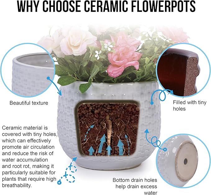 Handmade White Textured Ceramic Planter Set of 3 (9.45×8.07 7.48×6.3 5.31×4.49) Indoor Outdoor Flower Pots for Orchids Succulents by Window Couchside Breathable Clay