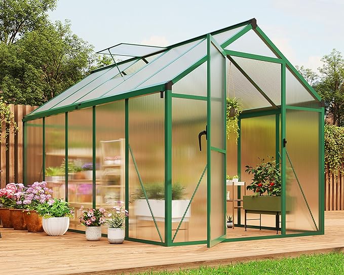 6 X 10 FT Greenhouse Outdoor Greenhouses Polycarbonate Panels with Aluminum Frame Adjustable Roof Vent and Lockable Door Green Houses for Outside Backyard Garden Patio