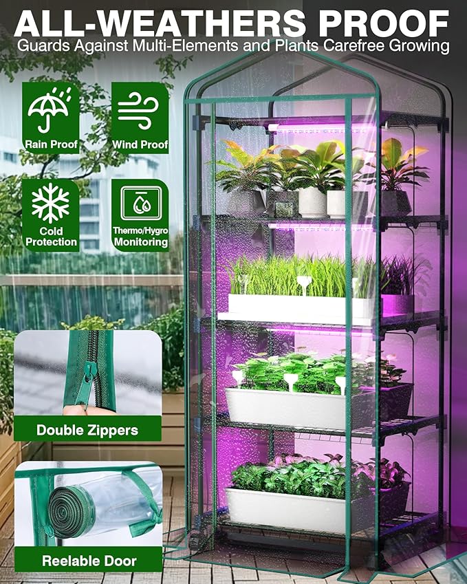 PYY Mini Indoor Greenhouse with Grow Light - Small Portable Outdoor Plant Green House Cabinet with Wheels Thermometer PVC Tent Cover 4 Dimmable 3 Color 2FT 36W LED Kit 4 Tier Gardening Shelves