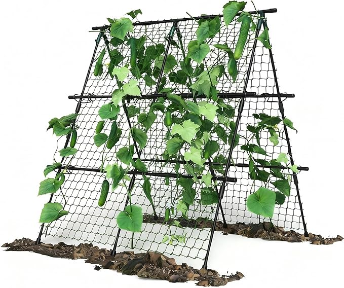 Cucumber Trellis Set A-Shaped Plant Holder with Garden Net &amp Plant Clips Adjustable Width Trellis Metal Plant Support for Climbing Plants Flowers Useful Plants 120 x 120 cm Black