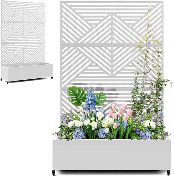 Standing Metal Planter Box with Trellis and Wheels for Climbing Plants Raised Garden Beds with Drainage Holes 47 L×16 W×71 H Privacy Boxes with Trellis (White Zodiac)