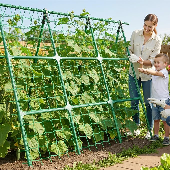 A-Frame Cucumber Trellis for Raised Bed - 47 x 47in Heavy-Duty Detachable Garden Trellis with Netting &amp Clips Support for Climbing Outdoor Cucumber Tomatoes Luffa Bitter Melon Vining Flowers