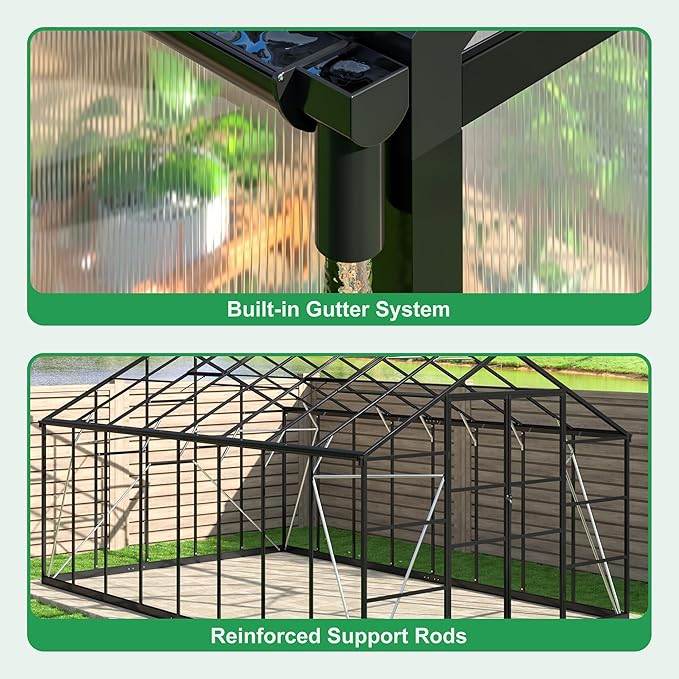 WKM 10x16 FT Greenhouse for Outdoors Walk-in Polycarbonate Greenhouse with Roof Vent and Quick Setup Structure Heavy Duty Green House for Outside Garden Backyard Black