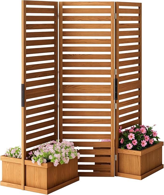 Outsunny Freestanding Outdoor Privacy Screen 4 Self-Draining Planters/Raised Garden Beds 3 Hinged Panels for Hot Tub Patio Backyard Deck Natural