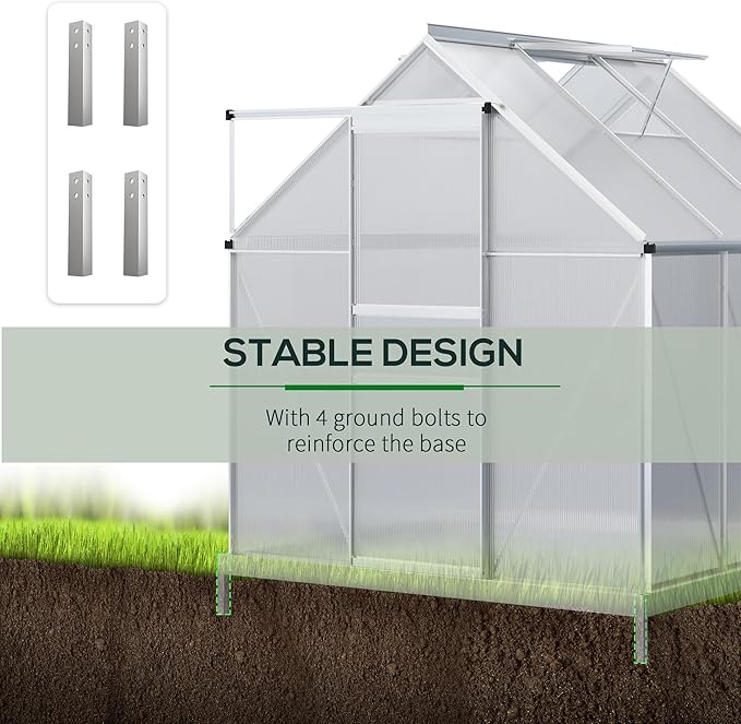 Outsunny 6' x 6' x 6.5' Polycarbonate Greenhouse with Adjustable Roof Vent Walk-in Heavy Duty Green House Kit with Aluminum Frame Sliding Door and Rain Gutter for Winter Silver