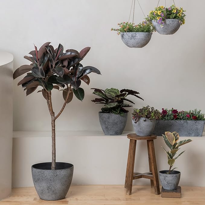 LA JOLIE MUSE 14.2/11.3/8.6 Inch PlantersSet of 3 Indoor/Outdoor Round PlantersGrey Tree PlantersPlant Container with Drain HolesFlower Pots for Patio and Deck