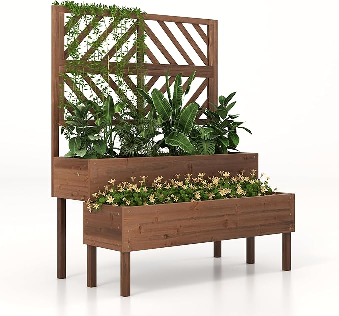 Raised Garden Bed with Trellis 2-Tier Wood Planter Box with Freestanding Legs &amp Drainage Holes Outdoor Raised Garden Bed for Climbing Plant Vine Vegetable