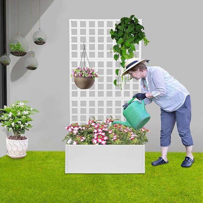 Metal Planter with Trellis 110lbs Load Capacity Free Standing Climbing Plant Support 12 Inch Deep Raised Garden Bed with Privacy Screen for Balcony Patio Garden Indoor &amp Outdoor Use(White)