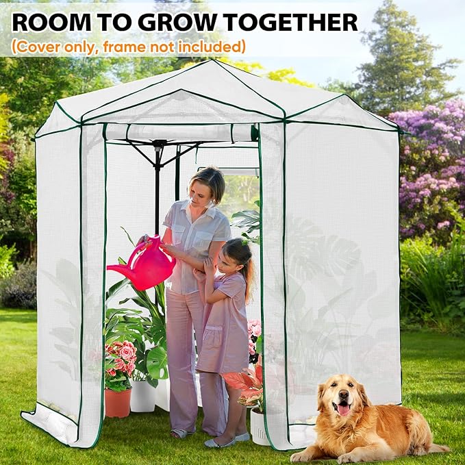 EAGLE PEAK Replacement Cover for 6.6x6.6 ft Hexagon Pop up Greenhouse Front and Rear Roll-Up Zipper Entry Doors and 2 Roll-Up Side Windows (Frame Not Included) White