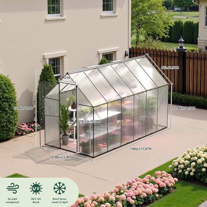 Green House for Outside Greenhouse for Outdoor Walk-in Garden Greenhouses Heavy Duty Polycarbonate Greenhouse Backyard Green Houses (6x12)