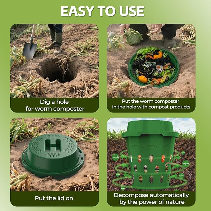 2-Pack Inground Worm Composter 8L Outdoor Worm Farm Worm Compost Bin for Garden Beds &amp Home Use Vermicomposting Bin for Recycling Food Waste (9.5x9.5x10.8Inch) Green