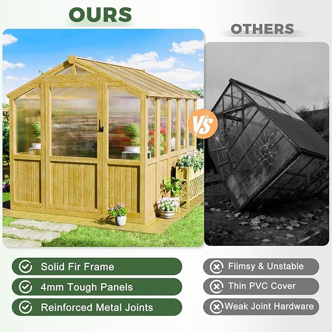 6x8 FT Wood Greenhouses for Outdoors Heavy Duty Outdoor Greenhouse Kit with Adjustable Roof Vent and Reinforced Panels Walk in Polycarbonate Greenhouse for Outside Backyard Garden Yard Natural