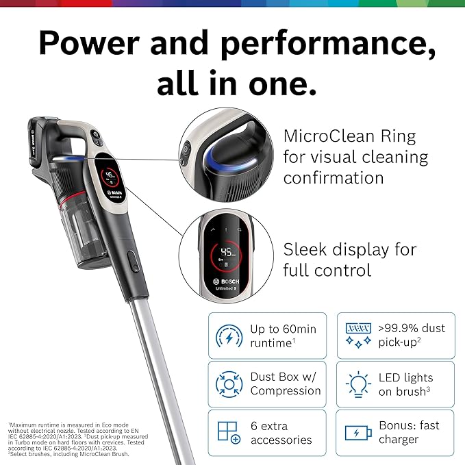 Bosch Unlimited 9 Cordless Stick Vacuum Cleaner - Up to 60 Min Battery Fast Charger Multi-Surface Vacuums Pet Hair Hard Floors and Carpets HEPA Filter 3 Accessories Dark Cream