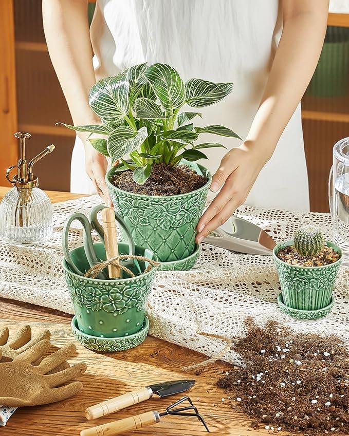 Ceramic Plant Pots 3.8+4.9+5.8 Inch Set of 3 Flower Pots with Drainage Hole &amp Saucer Embossed Planter Pots for Indoor Plants Home Decor Green