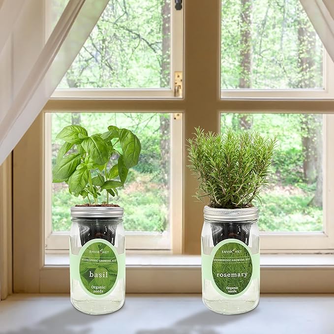 2-Pack Hydroponic Mason Jar Herb Garden Kit Indoor Herb Garden Self-Watering Starter Kit New Christmas Gift for Mom (BasilRosemary)