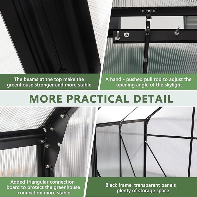 6 x 6ft Outdoor Patio Greenhouse Walk-in Polycarbonate Greenhouse Adjustable Roof Vent &amp Rain Gutter for Plants&ampFlowers Garden Backyard (Black-6 x 6 FT)