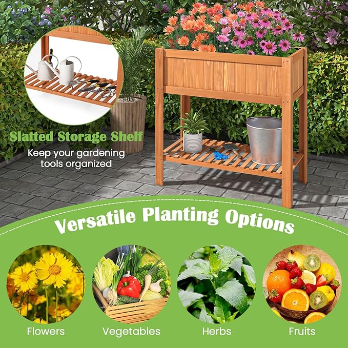 COSTWAY 2-Tier Raised Garden Bed Fir Wood Planter Box with Storage Shelf for Vegetables Herbs &amp Flowers – 39 x 20 x 39 for Backyard Patio &amp Balcony