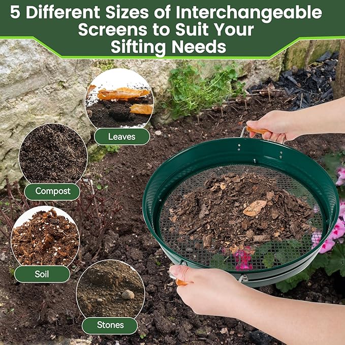 Large 14.57 Soil Sifter with 5 Interchangeable Stainless Steel Mesh Screens (1/3/6/9/12mm) + Stainless Steel Hand Trowel + Galvanized Garden Sieve for Compost Sand Gravel &amp Cat Litter (Green)