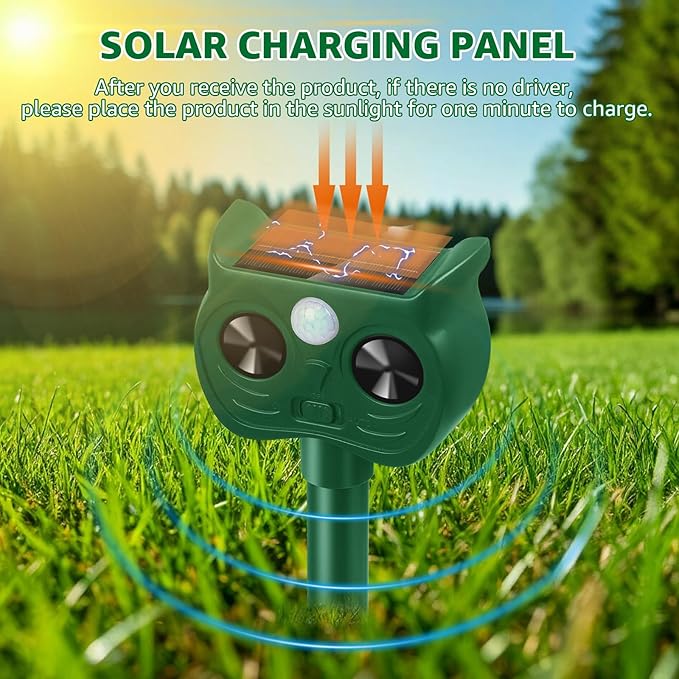 Solar Ultrasonic Animal Repellent Outdoor Motion Sensor Deer Repellent Devices Squirrel Cat Raccoon Deterrent with Strobe Light Dual Mode Keep Skunk Away Protection for Yard Garden Lawn 1Pack