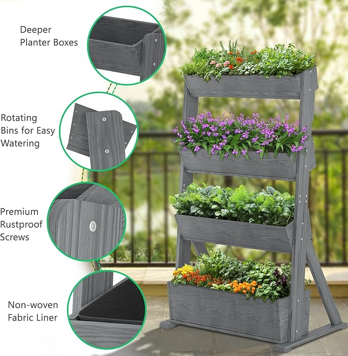 DoCred Vertical Wooden Raised Garden Bed 4 Tier Garden Planters Freestanding Wood Plant Stand Flower Rack Wooden Planter Box for Plants Herbs Flowers Vegetables Outdoor Indoor Gardening