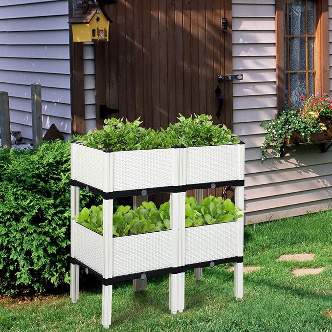 S AFSTAR Raised Garden Bed Kit Set of 4 Elevated Planter Boxes with Self-Watering Design &amp Removable Legs Outdoor Plastic Planter Box for Patio Yard Balcony Gardening Rattan Pattern (White)