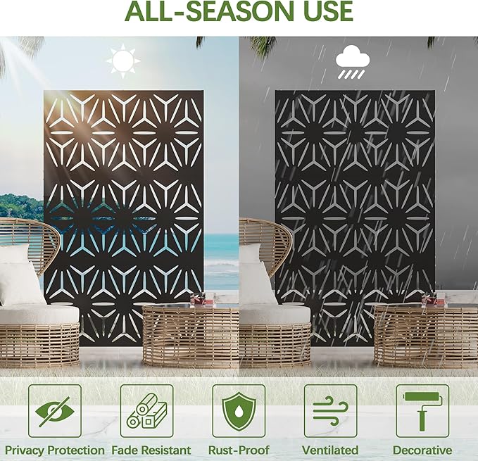Cofar Metal Privacy Screen Outdoor 72 H×44 W -Black Freestanding Outdoor Privacy Panels with Stand Decorative Fence for Patio Deck Balcony（Floral）