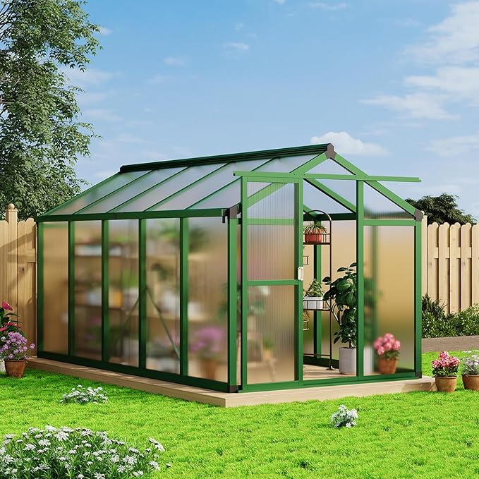 6x10 FT Greenhouse for Outdoors Aluminum Greenhouse with Quick Setup Structure and Roof Vent Polycarbonate Greenhouses Heavy Duty Large Walk-in Greenhouse for Winter Garden Backyard Patio Lawn