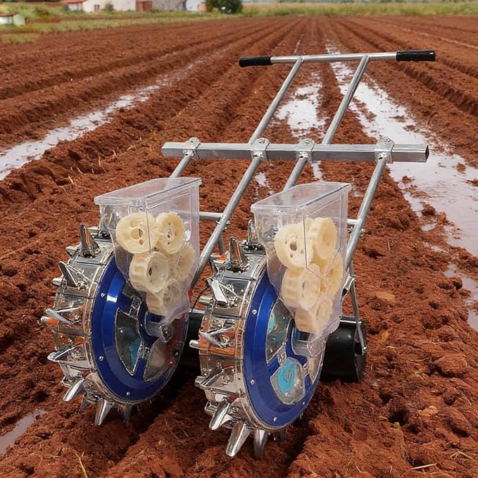 Double Wheels Push Garden Seeder Metal Precision Hand-Push Seeder Manual Roller Seeding Machine Row Planter and Fertilizer Applicator for Terraced Farm Garden(9 Nozzles)