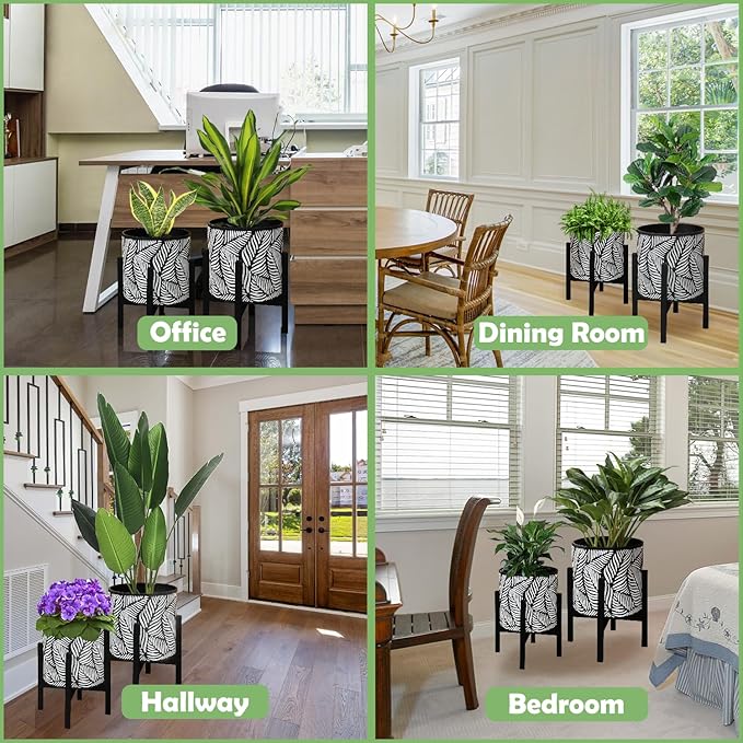 10 &amp 12 Inches Plant Pot with Stand Set of 2 Decorative Palm Leaves Printing Planter with Holder Garden Pot for Snake Plant Monstera Houseplants - Indoor Outdoor Flower Pots with Drainage Hole