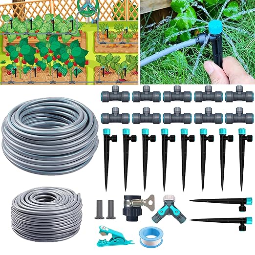 32FT Drip Irrigation System with Quick-Connect Automatic Garden Watering System with 1/4 &amp 1/2 Tubing with Y-Type Water Dsitributor Potted Plants DIY