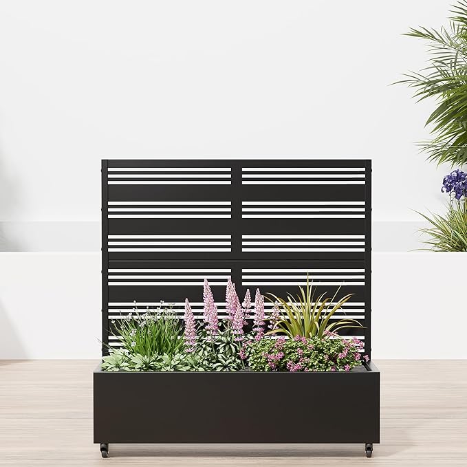 Casaphoria Raised Garden Bed Metal Planter Box with Trellis 47x47x16 for Outdoor Climbing Plants Flowers Vegetables and Vines Privacy Screen with Wheels and Drainage Holes(Black Louvered)