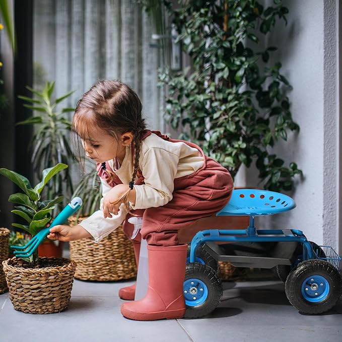 Rolling Garden Work Seat with 360-Degree Swivel Seat Adjustable Height Gardening Stool with Steering Handle and Tool Storage