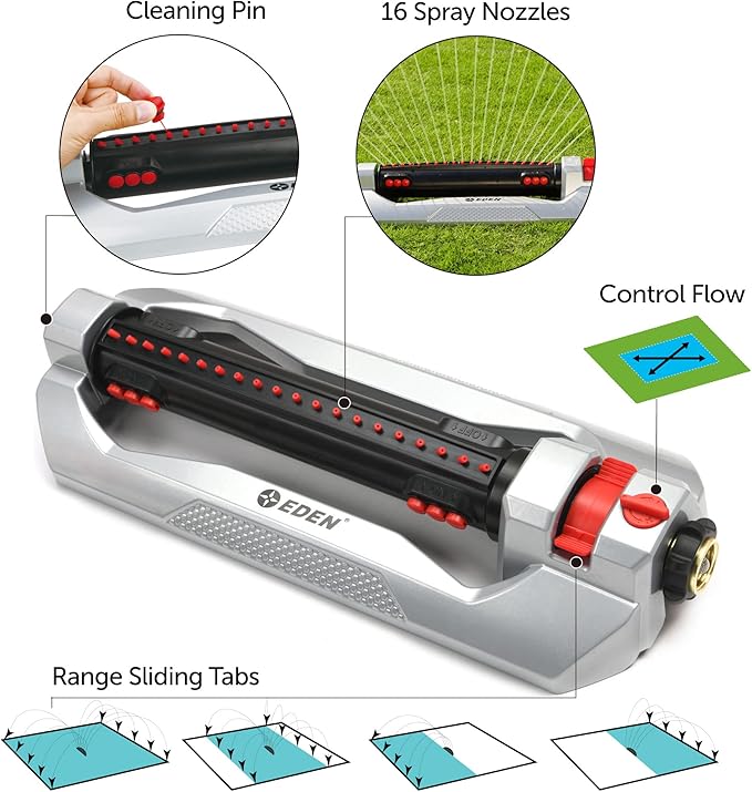 Eden 96216 Heavy Duty Turbo Oscillating Sprinkler Covers Up to 4900 sq. ft. 20 Precision Nozzles Aluminum Base Flow and Width Control Adjustable Range Quick Connects Filters