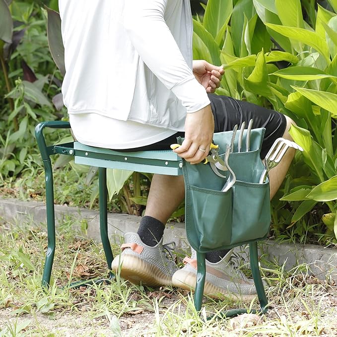 Smartxchoices Folding Garden Kneeler Seat Garden Bench Stool with Handles Multi-use Pouch Heavy Duty Yard Gardening Chair with Soft Kneeling PadGreen
