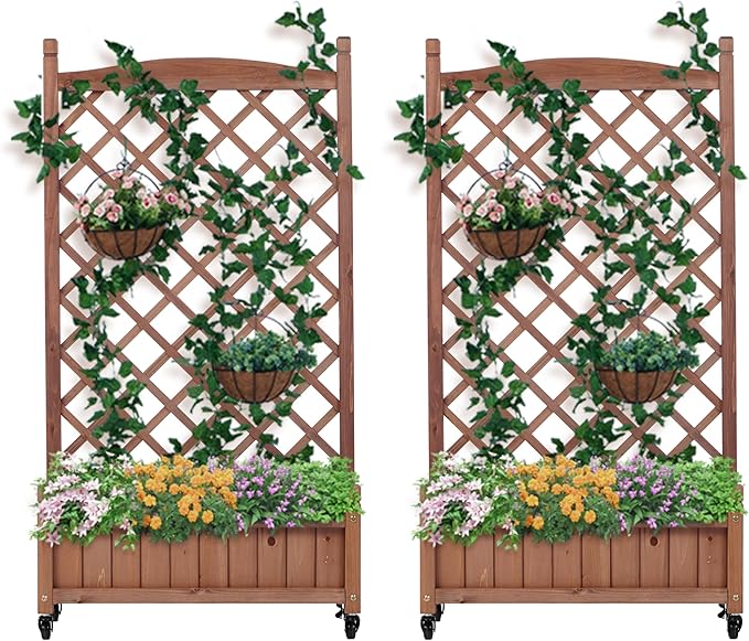 2-Pack Raised Garden Beds with Trellis &amp Wheels – Natural Wood Outdoor Planter Boxes with Climbing Racks Drainage Holes &amp Fixing Device – for Vegetables Flowers &amp Vines